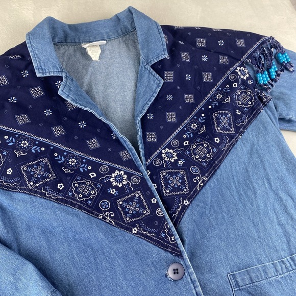 Haband for Her Jackets & Blazers - VTG western denim cotton blazer womens L  beaded‎ southwestern USA lightweight